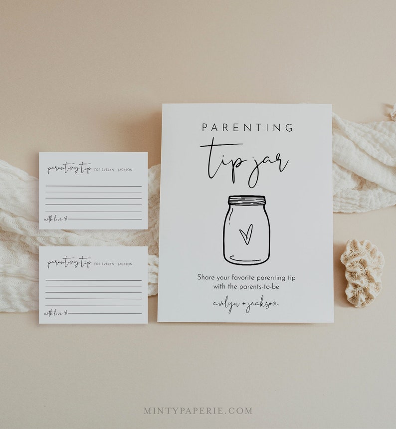 Parenting Tip Jar Sign and Advice Card, Baby Shower Advice, Editable Template, Personalize Names, Instant Download, Templett 0031-117AC image 1