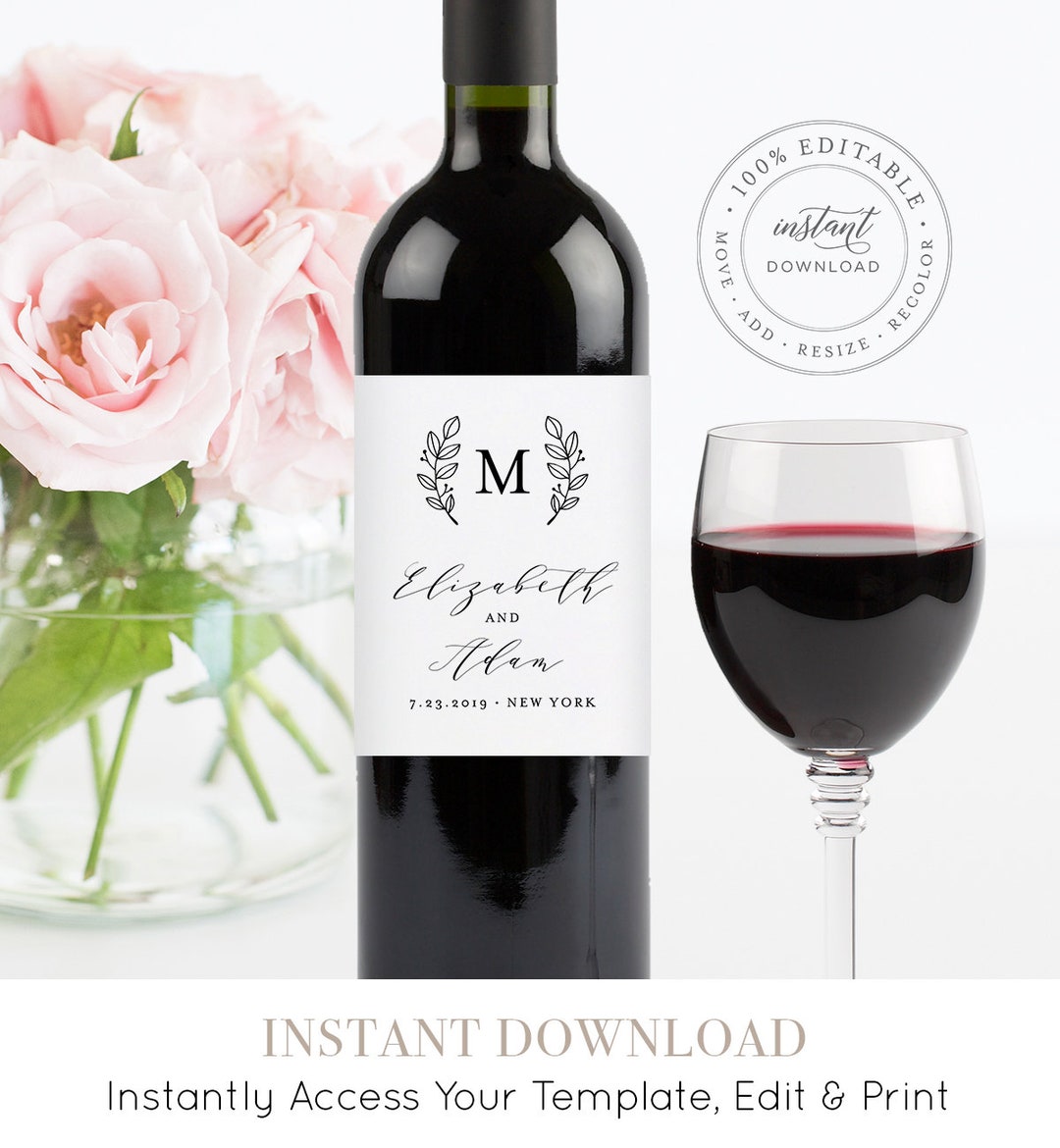 Wine Bottle Label Template, Printable Wedding Wine Label, INSTANT ...