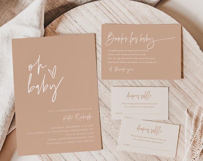 Baby Shower Bundle, Minimal Bohemian, Invitation, Diaper Raffle, Book Request, Oh Baby, Neutral, Editable Template, Templett #0009C-205BA