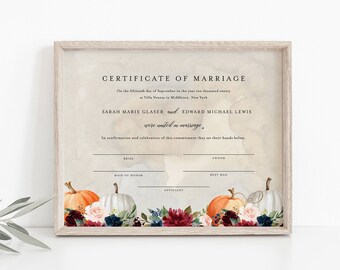 Certificate of Marriage, Wedding Keepsake, Editable Text, Fall Pumpkin Wedding Certificate, Instant Download, 8x10, 16x20 #072A-108MC