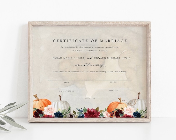 Certificate of Marriage, Wedding Keepsake, Editable Text, Fall Pumpkin Wedding Certificate, Instant Download, 8x10, 16x20 #072A-108MC