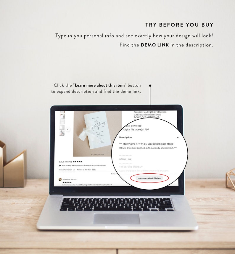 Peut inclure: Un &eacute;cran d'ordinateur portable affichant un site web avec un mod&egrave;le d'invitation de mariage. Le site web a un bouton qui dit "En savoir plus sur cet article". Le texte &agrave; l'&eacute;cran dit "Mod&egrave;le moderne Ordre du service C&eacute;r&eacute;monie catholique T&Eacute;L&Eacute;CHARGEMENT INSTANTAN&Eacute;", "Types de fichiers num&eacute;riques&nbsp;: 1 PDF", "Description", "***B&Eacute;N&Eacute;FICIEZ DE 60&nbsp;% DE REMISE LORSQUE VOUS COMMANDEZ 3 ARTICLES OU PLUS. Remise appliqu&eacute;e automatiquement &agrave; la caisse***", "LIEN DE D&Eacute;MO", "ESSAYER AVANT D'ACHETER".