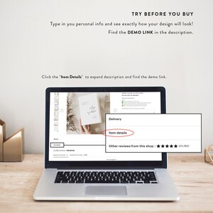 May include: Screenshot of a laptop screen showing a website with a product listing. The product is a wedding invitation template with a minimalist design. The text "Item details" is highlighted in a red box. The website also shows customer reviews with a five-star rating and the number of reviews.