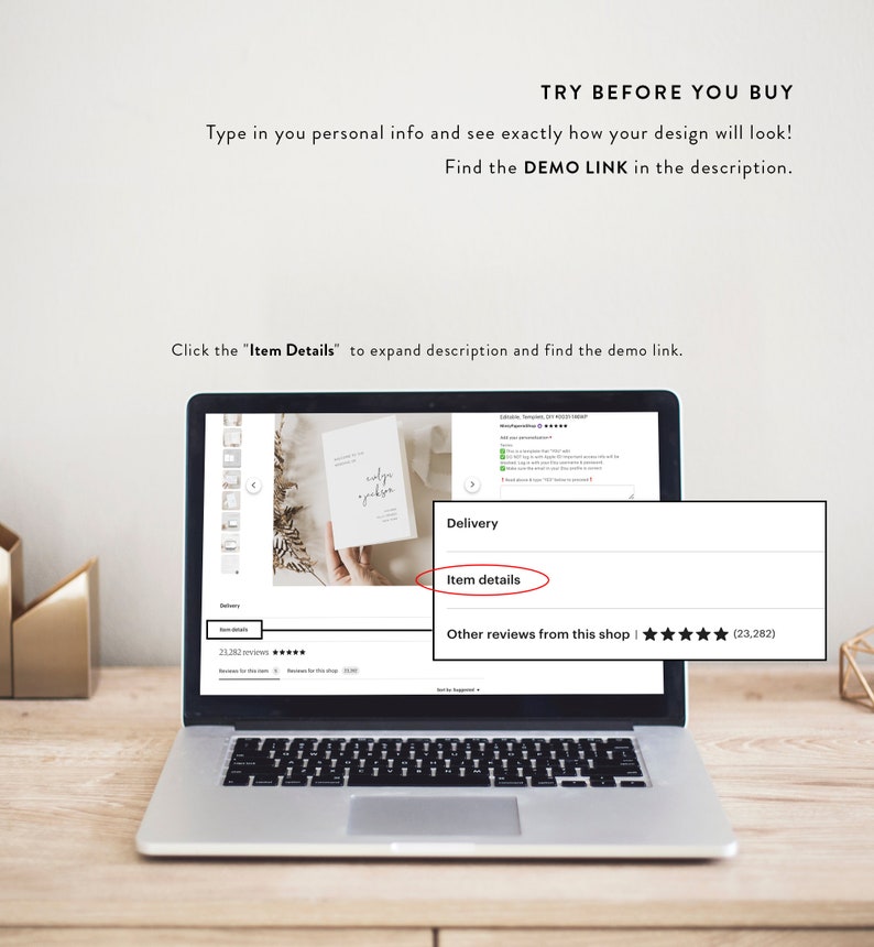 May include: Screenshot of a laptop screen showing a website with a product listing. The product is a wedding invitation template with a minimalist design. The text "Item details" is highlighted in a red box. The website also shows customer reviews with a five-star rating and the number of reviews.