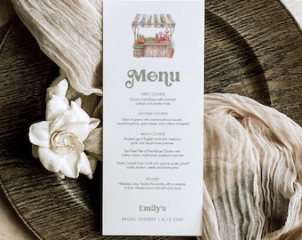 Farmers Market Menu, Printable Fresh Off the Market Bridal Shower, 4x9 Menu, Editable Template, Instant Download, Templett #0059-160WM
