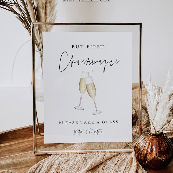 Wedding Champagne Sign, Minimalist Wedding Champagne Toast, Sparking Wine, Bar Sign, Editable Template, Instant Download, Templett #0009-92S