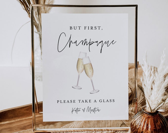 Wedding Champagne Sign, Minimalist Wedding Champagne Toast, Sparking Wine, Bar Sign, Editable Template, Instant Download, Templett #0009-92S