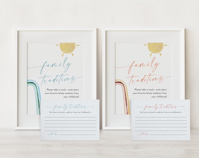 Family Traditions Sign and Card, Boho Baby Shower, Share a Memory, Childhood Memory, Editable Template, Instant Download, Templett #0055-46S