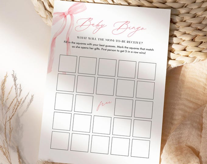 Baby Bingo Game, Coquette Bow Girl Baby Shower, Pink Ribbon, Instant Download, Printable, Editable, Templett #0057-11BAG