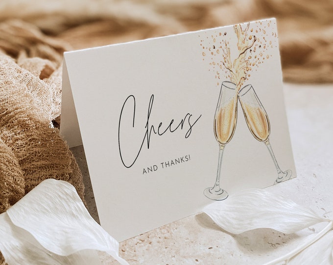 Cheers Thank You Card, Bubbly Toast Bridal Shower Thank You Note, Wedding, Wine, Editable Template, Flat & Tent Card, 3.5x5 #0026D-204TYC