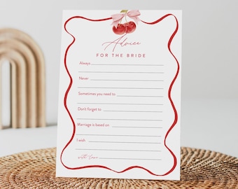 Cherry Wedding Advice Card Printable, Editable Template, Coquette Well Wishes for Bride and Groom, Instant Download, Templett #0056-146AC