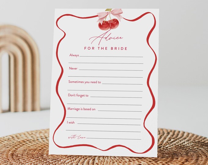 Cherry Wedding Advice Card Printable, Editable Template, Coquette Well Wishes for Bride and Groom, Instant Download, Templett #0056-146AC
