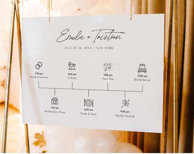 Minimalist Welcome Sign Template, Printable Wedding Day Timeline with Icons, Order of Events, Instant Download, 100% Editable #0024-260LS
