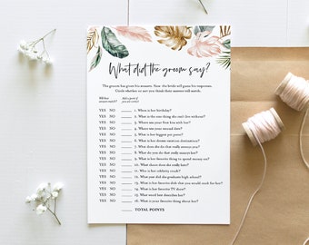 Tropical What Did the Groom Say, Bridal Shower Game, Printable Bridal Game, Editable Template, Instant Download, Templett 5x7 #087-301BG