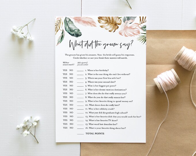 Tropical What Did the Groom Say, Bridal Shower Game, Printable Bridal Game, Editable Template, Instant Download, Templett 5x7 #087-301BG