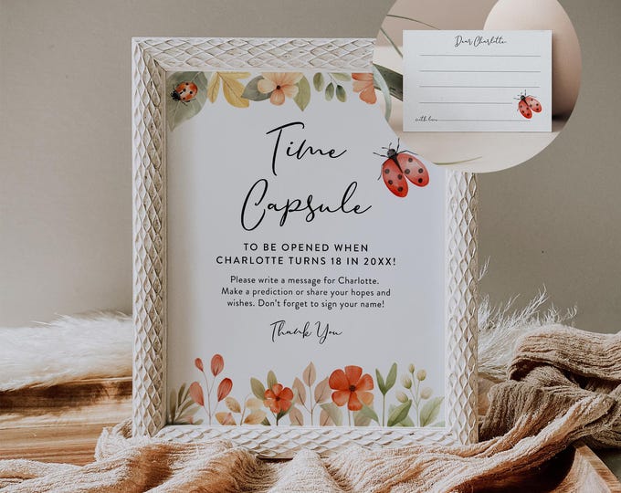 Ladybug Baby Girl Time Capsule, Love Bug Girl Baby Shower, Baby Wishes, Editable Template, Printable, Instant Download, Templett #0069-25BAG