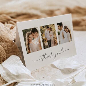 Cartão de agradecimento com foto de casamento, modelo de cartão de agradecimento minimalista, plano e dobrado, editável, download instantâneo, Templett, 5x7 #0034W-208TYC