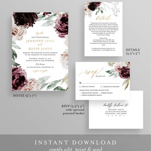 Moody Florals Wedding Invitation Suite Template, 100% Editable Text, Romantic Purple Boho, Invite, RSVP & Detail, INSTANT DOWNLOAD 074A image 2