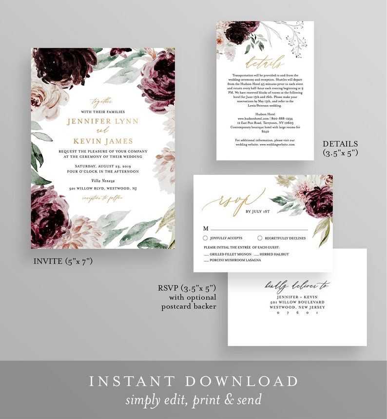Moody Florals Wedding Invitation Suite Template, 100% Editable Text, Romantic Purple Boho, Invite, RSVP & Detail, INSTANT DOWNLOAD 074A image 2