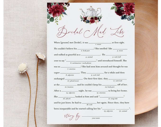 Mad Libs Bridal Shower Game Template, Printable Tea Party Bridal Shower Funny Game, Editable Text, Instant Download, Templett #085B-238BG