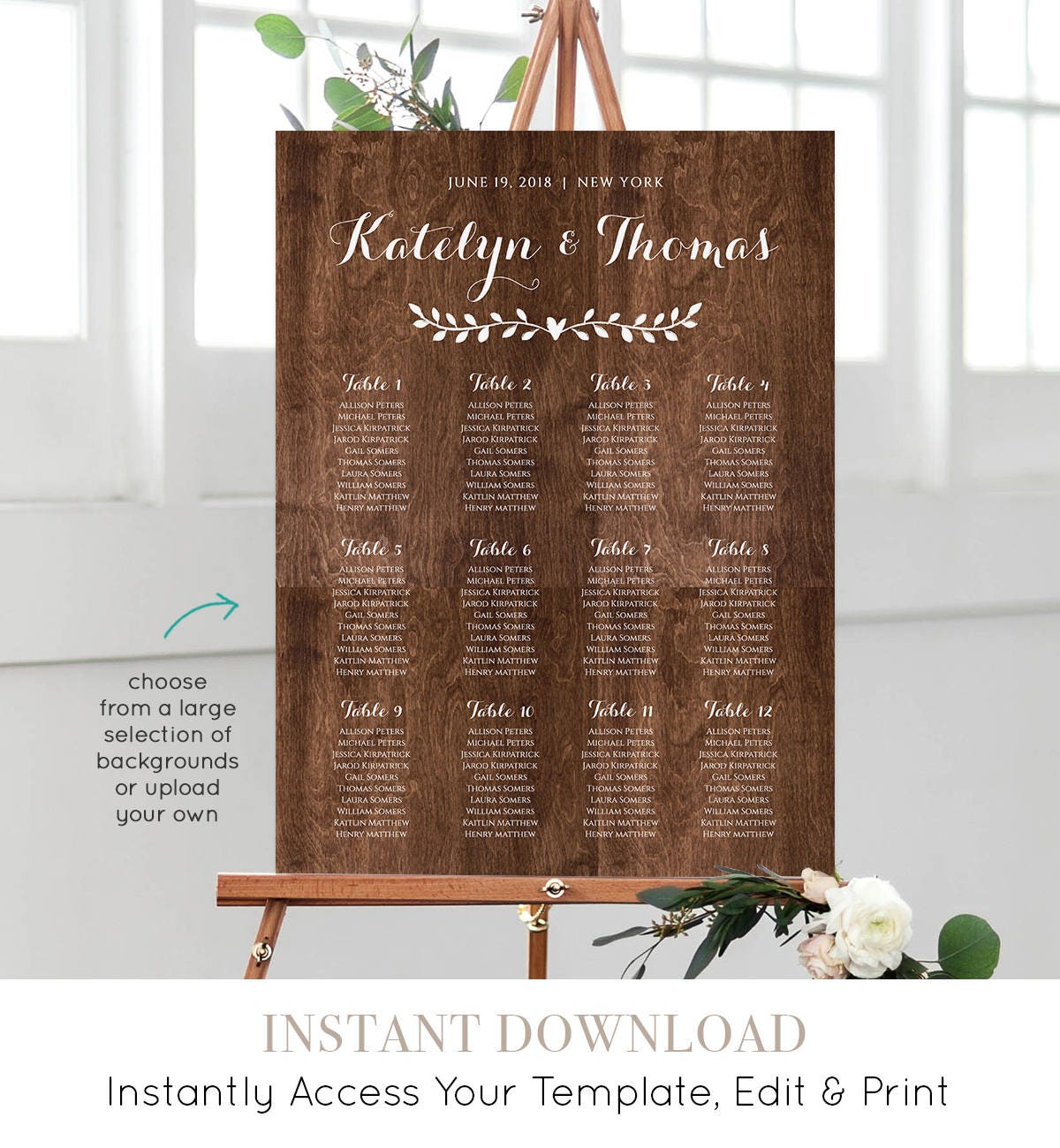 Wedding Seating Chart Template Editable DIY Rustic Vine Chalkboard 