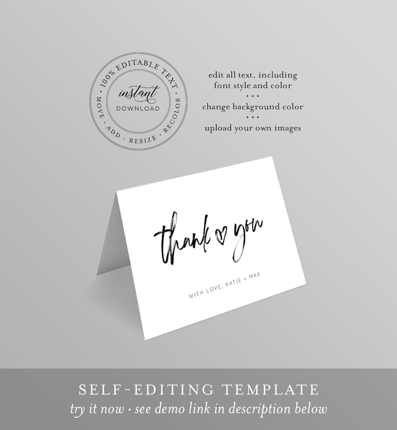 Editable Template Modern Script Thank You Folded Card Heart Wedding Bridal Shower Note Templett #090-154TYC Instant Download