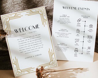 Welcome Letter & Timeline Template, Art Deco, Minimal Retro Wedding Order of Events, Itinerary, INSTANT DOWNLOAD, Editable Text #0021-171WB