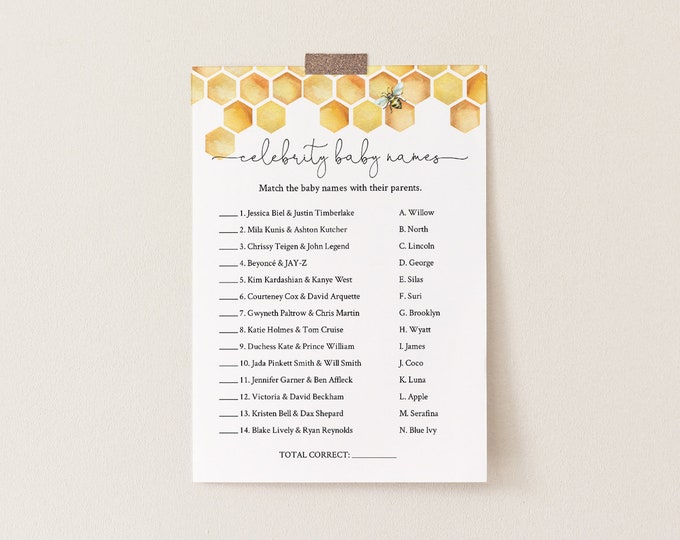 Celebrity Baby Name Game, Printable Baby Shower Game, Honey Bee Baby Name Game, Editable Template, Instant Download, Templett #097-166BASG