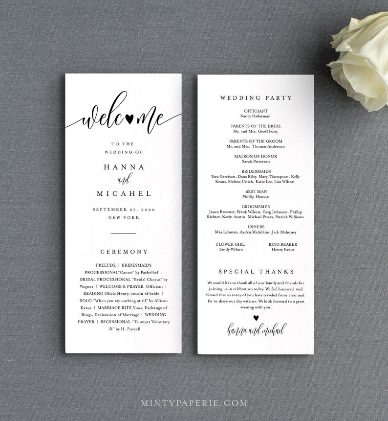 Minimalist Wedding Program Template, Modern & Simple Order of Service ...