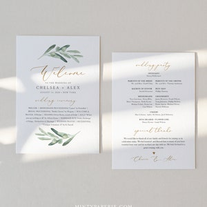 May include: A wedding ceremony program with a green olive branch design. The program includes the wedding date, August 14, 2020, and the names of the bride and groom, Chelsea and Alex. The program also includes the names of the wedding party members and a special thanks to guests.
