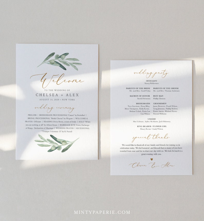 May include: A wedding ceremony program with a green olive branch design. The program includes the wedding date, August 14, 2020, and the names of the bride and groom, Chelsea and Alex. The program also includes the names of the wedding party members and a special thanks to guests.