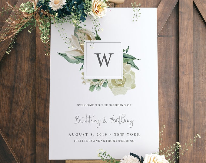 Wedding Welcome Sign, Instant Download, 100% Editable Text, Printable Monogram Poster Template, Cream Florals, Templett, DIY #057-130LS