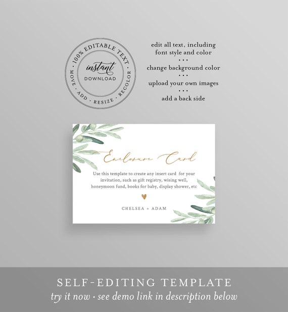 Book Request Editable Text #082-136EC Bridal or Baby Shower Details Create Any Insert Card for Wedding Greenery Enclosure Card Template