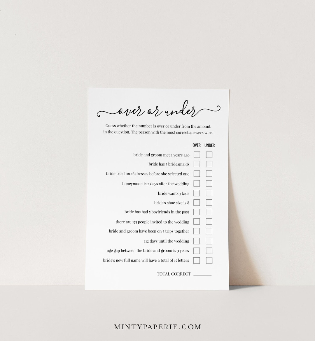 Over or Under Bridal Shower Game | Printable Wedding Shower Game ...