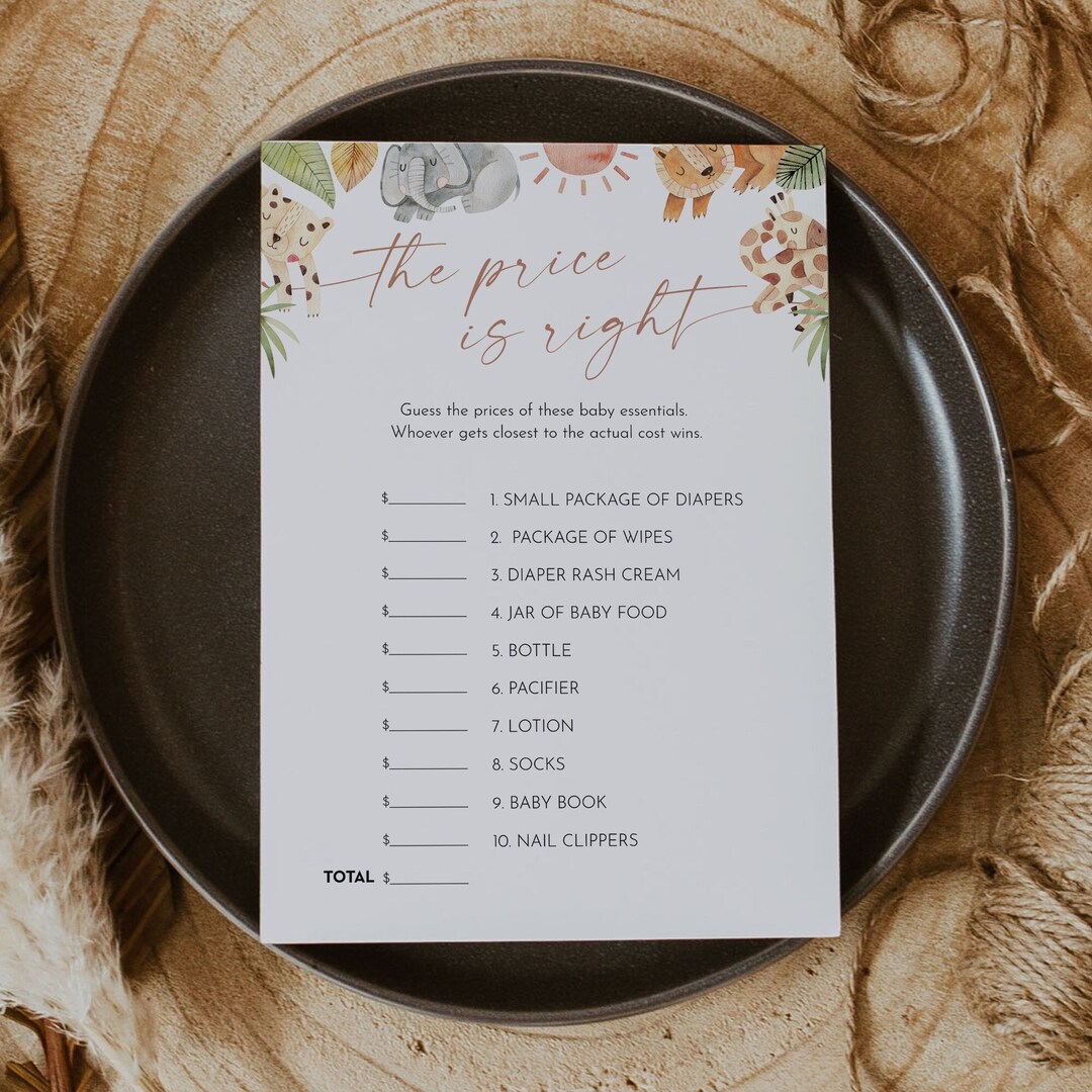 The Price is Right Game Template, Printable Safari Baby Shower Game ...