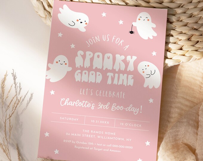 Halloween Birthday Party, Spooky Good Time Birthday Invitation, Girl Birthday, Cute Ghosts, Editable Template, Instant, Templett #0001-137BD