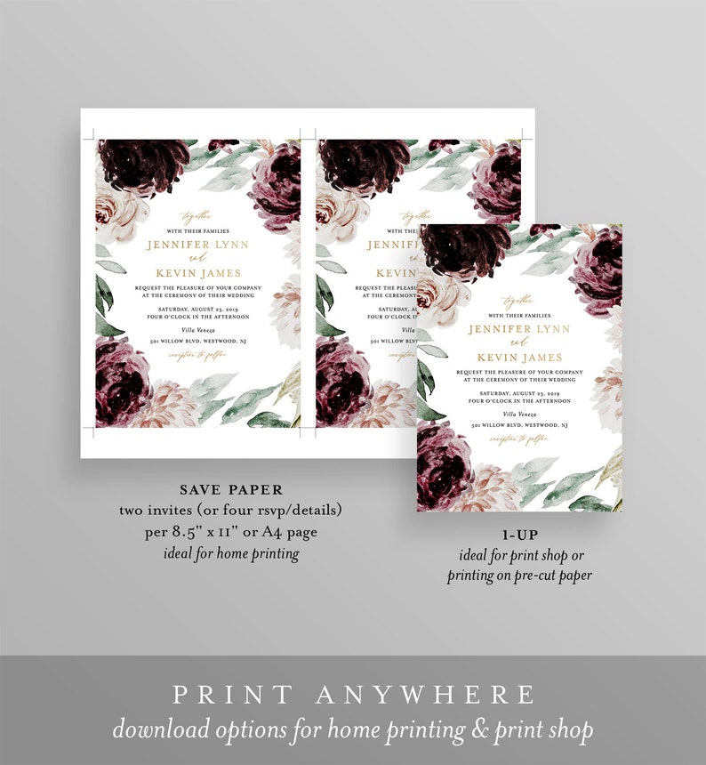 Moody Florals Wedding Invitation Suite Template, 100% Editable Text, Romantic Purple Boho, Invite, RSVP & Detail, INSTANT DOWNLOAD 074A image 4