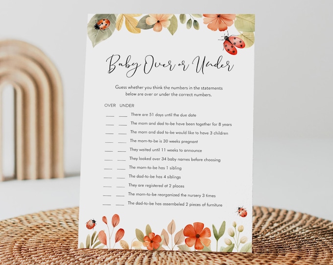 Ladybug Over or Under Baby Shower Game, Love Bug Girl Baby Shower Game, Summer, Editable, Instant Download, Templett, 5x7 #0069-15BAG