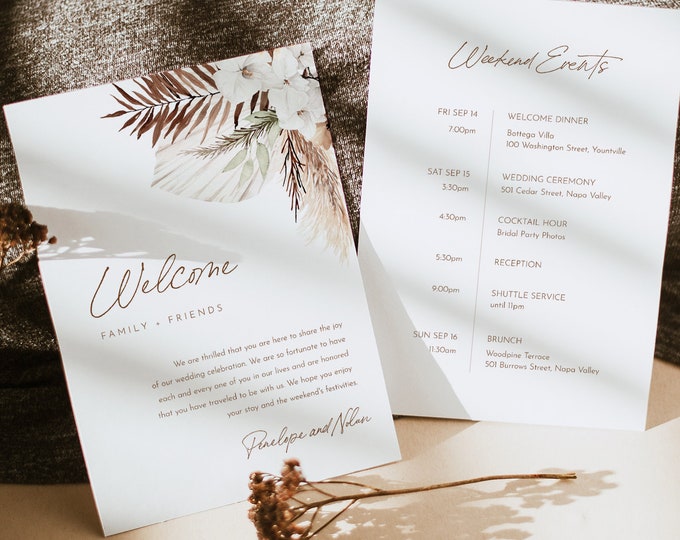 Boho Welcome Letter & Timeline Template, Bohemian Wedding Order of Events, Itinerary, INSTANT DOWNLOAD, 100% Editable Text #0028A-177WB