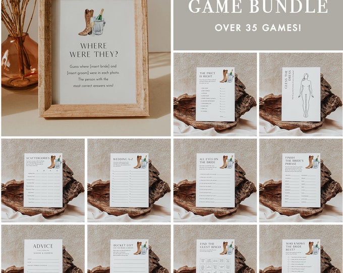 MEGA Boots and Bubbly Bridal Shower Game Bundle, 36 Games, Couples Shower Games, Editable Template, Instant Download, Templett 5x7 #0026F