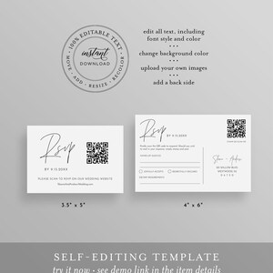 May include: Editable RSVP card template with a black and white design. The card features a QR code, the text "RSVP" and the date "9.15.20XX". The card is 8.9 cm by 12.7 cm.