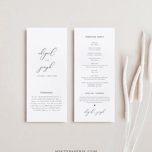 Può includere: Programma della cerimonia di matrimonio con un design semplice. Il programma include i nomi dei membri della festa di nozze, dell'ufficiante e l'ordine della cerimonia. Il programma include anche una sezione di ringraziamenti speciali.