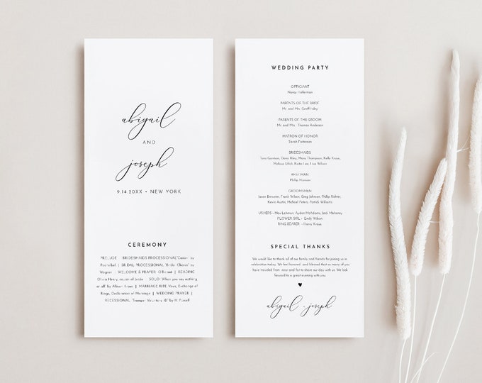 Modern Wedding Program Template, Minimal & Simple Order of Service, Editable, Printable, Instant Download, Templett, 4x9 #024-2016WP