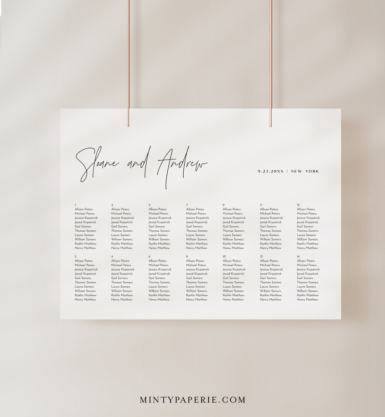 May include: A wedding seating chart with the names Sloane and Andrew at the top, followed by the date 9.23.20XX and the location New York. The chart lists 14 tables with guest names on each table.