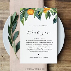 Carta de agradecimiento de boda cítrica, nota de servilleta, plantilla de tarjeta en lugar de favores, menú de boda gracias, DESCARGA INSTANTE, 4x6 #084-125TYN