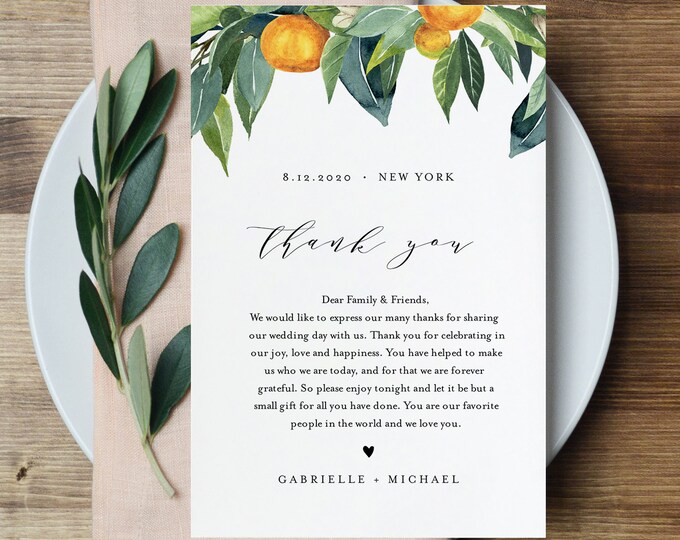 Citrus Wedding Thank You Letter, Napkin Note, In Lieu of Favors Card Template, Wedding Menu Thank You, INSTANT DOWNLOAD, 4x6 #084-125TYN