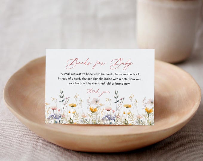 Wildflower Books for Baby Card, Floral Book Request, Gender Neutral Baby Shower Invitation Book Insert, Editable Text, Templett #0067-180BFB