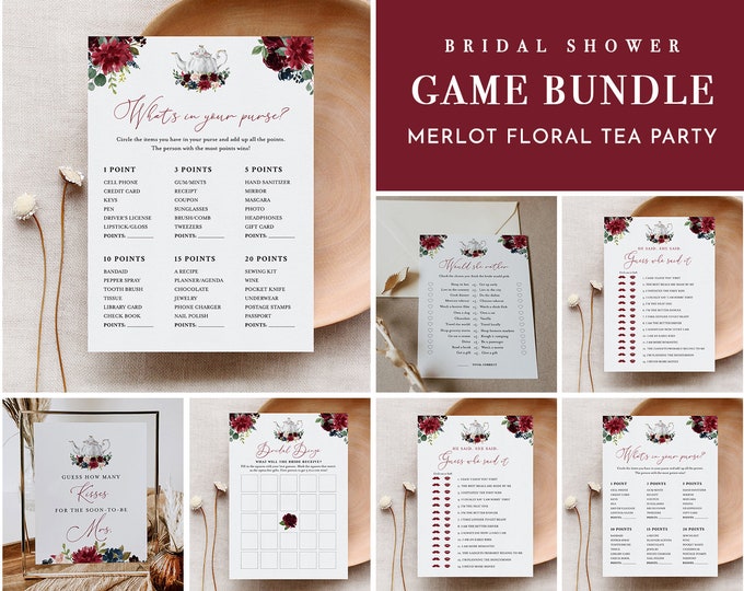 Bridal Shower Game Bundle, 14 Editable Templates, Instant Download, Customize Text, Merlot Floral Tea Party Bridal Games, Templett #085B-BGB