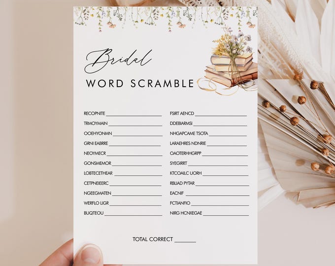 Word Scramble Bridal Shower Game Template, Wildflower Book New Chapter Bridal Shower Puzzle, Instant Download, Templett #0066-21BRG