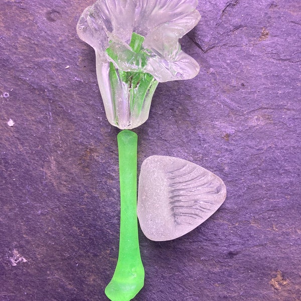 Stunning scottish sea glass uranium uv glow in the dark vaseline glass flower stem leaf set